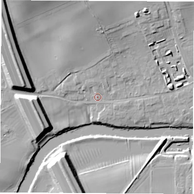 Shaded relief map of the ground around YO519BZ, computed from Environment Agency LiDAR. The ground here sits at about 17 m above sea level and falls 20 m across the surrounding 800 m. Surface water reaching this point runs off ground lying to the north, 13.2 m higher.