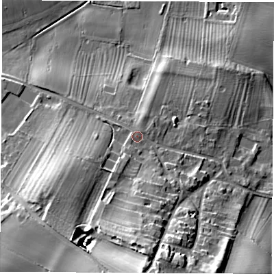 Shaded relief map of the ground around YO519EP, computed from Environment Agency LiDAR. The ground here sits at about 22 m above sea level and falls 33 m across the surrounding 800 m. Surface water reaching this point runs off ground lying to the south-south-west, 3.4 m higher.