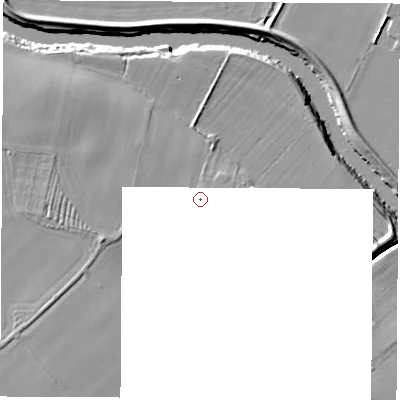 Shaded relief map of the ground around YO519EZ, computed from Environment Agency LiDAR. and falls 7 m across the surrounding 800 m. The ground contributing surface water to this point lies to the north.