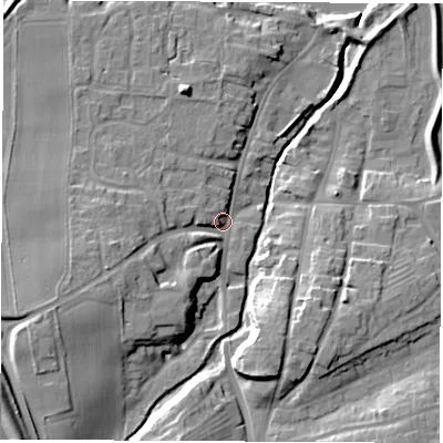 Shaded relief map of the ground around YO519FD, computed from Environment Agency LiDAR. The ground here sits at about 17 m above sea level and falls 20 m across the surrounding 800 m. Surface water reaching this point runs off ground lying to the west-south-west, 10.3 m higher.