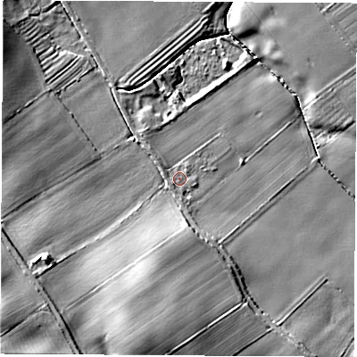 Shaded relief map of the ground around YO519FG, computed from Environment Agency LiDAR. The ground here sits at about 16 m above sea level and falls 23 m across the surrounding 800 m. Surface water reaching this point runs off ground lying to the south, 1.1 m higher.