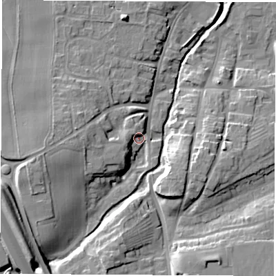 Shaded relief map of the ground around YO519FH, computed from Environment Agency LiDAR. The ground here sits at about 16 m above sea level and falls 19 m across the surrounding 800 m. Surface water reaching this point runs off ground lying to the west-south-west, 10.1 m higher.