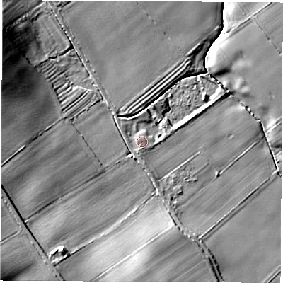 Shaded relief map of the ground around YO519HB, computed from Environment Agency LiDAR. The ground here sits at about 16 m above sea level and falls 20 m across the surrounding 800 m. Surface water reaching this point runs off ground lying to the south-south-west, 0.8 m higher.