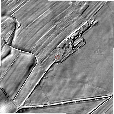 Shaded relief map of the ground around YO519HD, computed from Environment Agency LiDAR. The ground here sits at about 15 m above sea level and falls 9 m across the surrounding 800 m. Surface water reaching this point runs off ground lying to the north-north-east, 0.7 m higher.