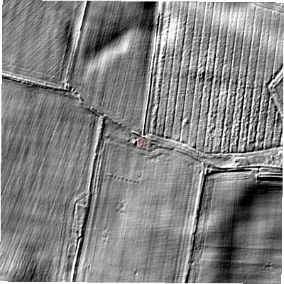Shaded relief map of the ground around YO519HJ, computed from Environment Agency LiDAR. The ground here sits at about 15 m above sea level and falls 5 m across the surrounding 800 m. Surface water reaching this point runs off ground lying to the west-north-west, 1.7 m higher.