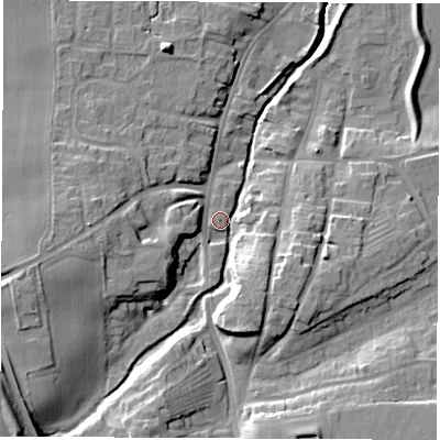 Shaded relief map of the ground around YO519HR, computed from Environment Agency LiDAR. The ground here sits at about 16 m above sea level and falls 18 m across the surrounding 800 m. Surface water reaching this point runs off ground lying to the south-west, 14.6 m higher.