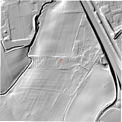 Shaded relief map of the ground around YO519HY, computed from Environment Agency LiDAR. The ground here sits at about 23 m above sea level and falls 18 m across the surrounding 800 m. Surface water reaching this point runs off ground lying to the south, 0.7 m higher.