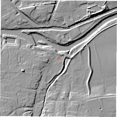 Shaded relief map of the ground around YO519LA, computed from Environment Agency LiDAR. The ground here sits at about 15 m above sea level and falls 15 m across the surrounding 800 m. Surface water reaching this point runs off ground lying to the west-south-west, 4.7 m higher.