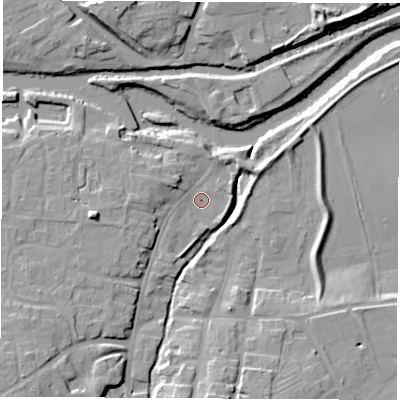 Shaded relief map of the ground around YO519LB, computed from Environment Agency LiDAR. The ground here sits at about 14 m above sea level and falls 16 m across the surrounding 800 m. Surface water reaching this point runs off ground lying to the south-west, 9.8 m higher.