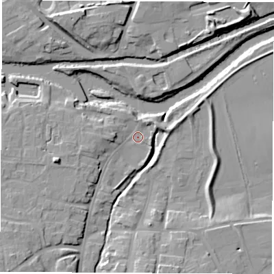 Shaded relief map of the ground around YO519LD, computed from Environment Agency LiDAR. The ground here sits at about 14 m above sea level and falls 16 m across the surrounding 800 m. Surface water reaching this point runs off ground lying to the west-south-west, 4.4 m higher.