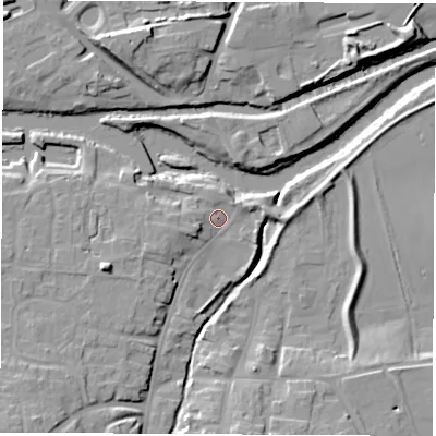 Shaded relief map of the ground around YO519LF, computed from Environment Agency LiDAR. The ground here sits at about 15 m above sea level and falls 15 m across the surrounding 800 m. Surface water reaching this point runs off ground lying to the west-south-west, 4.4 m higher.