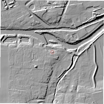 Shaded relief map of the ground around YO519LH, computed from Environment Agency LiDAR. The ground here sits at about 17 m above sea level and falls 15 m across the surrounding 800 m. Surface water reaching this point runs off ground lying to the south-south-west, 3.7 m higher.