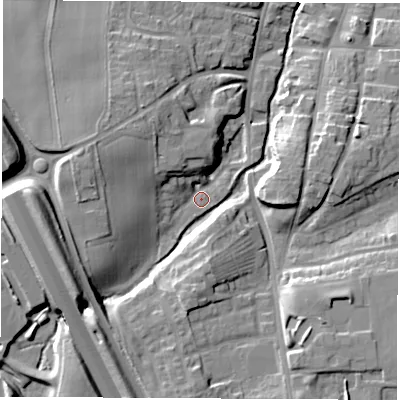 Shaded relief map of the ground around YO519LQ, computed from Environment Agency LiDAR. The ground here sits at about 17 m above sea level and falls 17 m across the surrounding 800 m. Surface water reaching this point runs off ground lying to the north-west, 8.9 m higher.