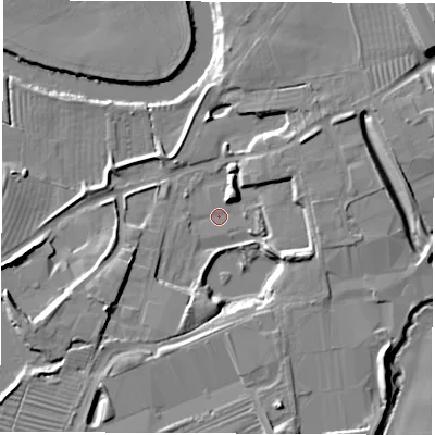 Shaded relief map of the ground around YO519LS, computed from Environment Agency LiDAR. The ground here sits at about 16 m above sea level and falls 17 m across the surrounding 800 m. Surface water reaching this point runs off ground lying to the east-south-east, 7.8 m higher.