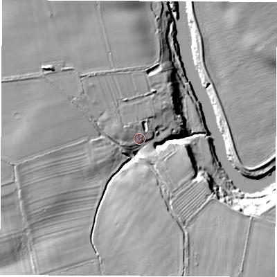 Shaded relief map of the ground around YO519NH, computed from Environment Agency LiDAR. The ground here sits at about 22 m above sea level and falls 15 m across the surrounding 800 m. Surface water reaching this point runs off ground lying to the west-north-west, 1.7 m higher.
