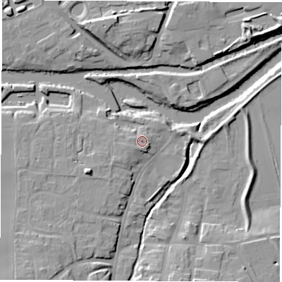 Shaded relief map of the ground around YO519NJ, computed from Environment Agency LiDAR. The ground here sits at about 18 m above sea level and falls 16 m across the surrounding 800 m. Surface water reaching this point runs off ground lying to the south-south-east, 2.1 m higher.