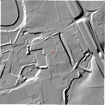 Shaded relief map of the ground around YO519NR, computed from Environment Agency LiDAR. The ground here sits at about 22 m above sea level and falls 17 m across the surrounding 800 m. Surface water reaching this point runs off ground lying to the east, 1.4 m higher.