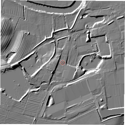 Shaded relief map of the ground around YO519NS, computed from Environment Agency LiDAR. The ground here sits at about 18 m above sea level and falls 13 m across the surrounding 800 m. Surface water reaching this point runs off ground lying to the south-west, 5.6 m higher.