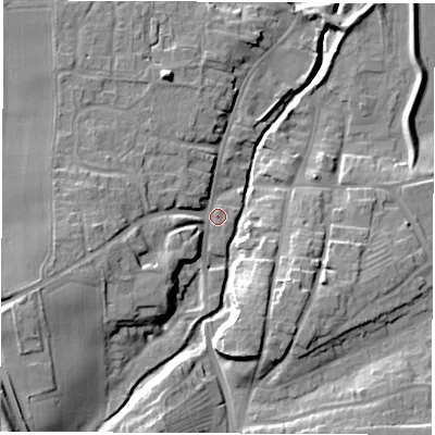 Shaded relief map of the ground around YO519NT, computed from Environment Agency LiDAR. The ground here sits at about 16 m above sea level and falls 19 m across the surrounding 800 m. Surface water reaching this point runs off ground lying to the west-south-west, 10.1 m higher.
