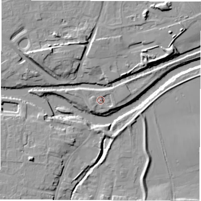 Shaded relief map of the ground around YO519PB, computed from Environment Agency LiDAR. The ground here sits at about 16 m above sea level and falls 14 m across the surrounding 800 m. Surface water reaching this point runs off ground lying to the south-east, 2.5 m higher.