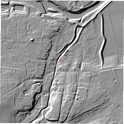 Shaded relief map of the ground around YO519PG, computed from Environment Agency LiDAR. The ground here sits at about 15 m above sea level and falls 16 m across the surrounding 800 m. Surface water reaching this point runs off ground lying to the south, 12.8 m higher.