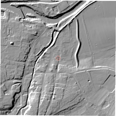 Shaded relief map of the ground around YO519PQ, computed from Environment Agency LiDAR. The ground here sits at about 14 m above sea level and falls 16 m across the surrounding 800 m. Surface water reaching this point runs off ground lying to the south-south-west, 11.7 m higher.