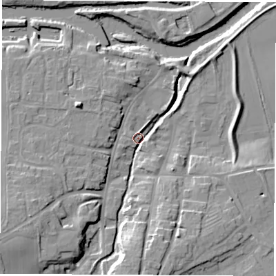 Shaded relief map of the ground around YO519RQ, computed from Environment Agency LiDAR. The ground here sits at about 15 m above sea level and falls 16 m across the surrounding 800 m. Surface water reaching this point runs off ground lying to the south, 14.3 m higher.