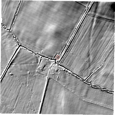 Shaded relief map of the ground around YO606PQ, computed from Environment Agency LiDAR. The ground here sits at about 39 m above sea level and falls 35 m across the surrounding 800 m. Surface water reaching this point runs off ground lying to the north-north-east, 15.4 m higher.