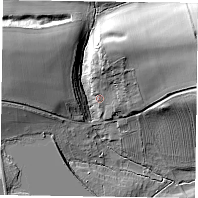 Shaded relief map of the ground around YO607DD, computed from Environment Agency LiDAR. The ground here sits at about 54 m above sea level and falls 27 m across the surrounding 800 m. Surface water reaching this point runs off ground lying to the north-north-east, 10.7 m higher.