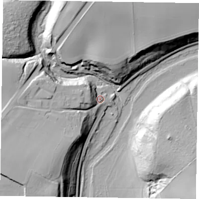 Shaded relief map of the ground around YO607EL, computed from Environment Agency LiDAR. The ground here sits at about 22 m above sea level and falls 46 m across the surrounding 800 m. Surface water reaching this point runs off ground lying to the west-south-west, 12.8 m higher.
