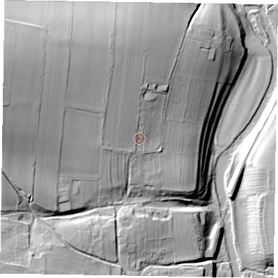 Shaded relief map of the ground around YO607HJ, computed from Environment Agency LiDAR. The ground here sits at about 38 m above sea level and falls 44 m across the surrounding 800 m. Surface water reaching this point runs off ground lying to the west-north-west, 22.2 m higher.