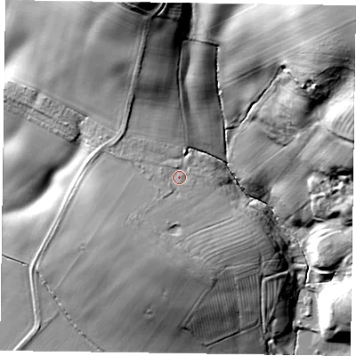 Shaded relief map of the ground around YO607JU, computed from Environment Agency LiDAR. The ground here sits at about 49 m above sea level and falls 65 m across the surrounding 800 m. Surface water reaching this point runs off ground lying to the west-south-west, 1.8 m higher.