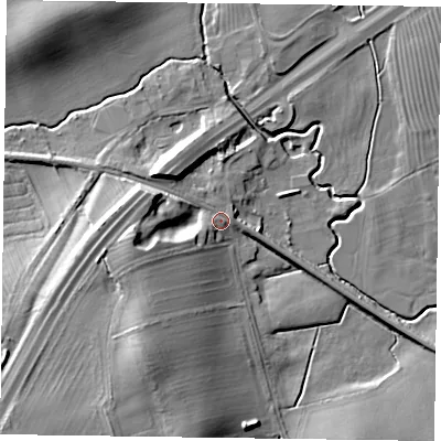 Shaded relief map of the ground around YO607JZ, computed from Environment Agency LiDAR. The ground here sits at about 25 m above sea level and falls 20 m across the surrounding 800 m. Surface water reaching this point runs off ground lying to the south-west, 15.2 m higher.