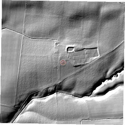 Shaded relief map of the ground around YO607LR, computed from Environment Agency LiDAR. The ground here sits at about 58 m above sea level and falls 37 m across the surrounding 800 m. Surface water reaching this point runs off ground lying to the north-east, 2.3 m higher.
