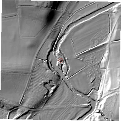 Shaded relief map of the ground around YO607PA, computed from Environment Agency LiDAR. The ground here sits at about 13 m above sea level and falls 21 m across the surrounding 800 m. Surface water reaching this point runs off ground lying to the west, 13.3 m higher.