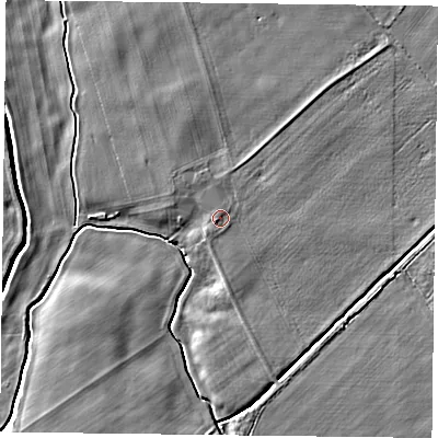 Shaded relief map of the ground around YO607QU, computed from Environment Agency LiDAR. The ground here sits at about 19 m above sea level and falls 5 m across the surrounding 800 m. Surface water reaching this point runs off ground lying to the south-west, 0.8 m higher.