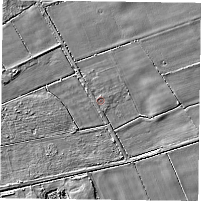 Shaded relief map of the ground around YO607QZ, computed from Environment Agency LiDAR. The ground here sits at about 19 m above sea level and falls 5 m across the surrounding 800 m. Surface water reaching this point runs off ground lying to the north-east, 0.6 m higher.