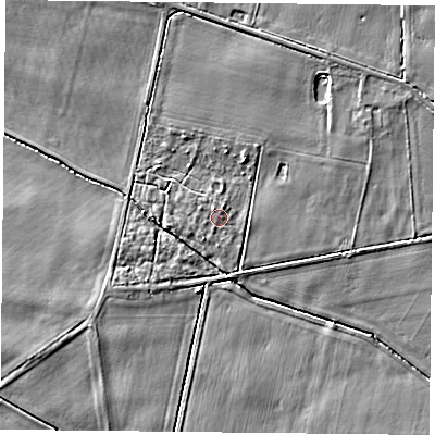 Shaded relief map of the ground around YO611AB, computed from Environment Agency LiDAR. The ground here sits at about 23 m above sea level and falls 6 m across the surrounding 800 m. Surface water reaching this point runs off ground lying to the north-north-west, 1.0 m higher.