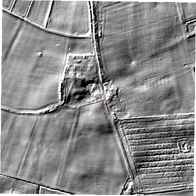 Shaded relief map of the ground around YO611EN, computed from Environment Agency LiDAR. The ground here sits at about 22 m above sea level and falls 7 m across the surrounding 800 m. Surface water reaching this point runs off ground lying to the south-east, 1.1 m higher.