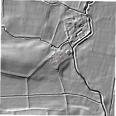 Shaded relief map of the ground around YO611NB, computed from Environment Agency LiDAR. The ground here sits at about 28 m above sea level and falls 6 m across the surrounding 800 m. The ground contributing surface water to this point lies to the south-west.