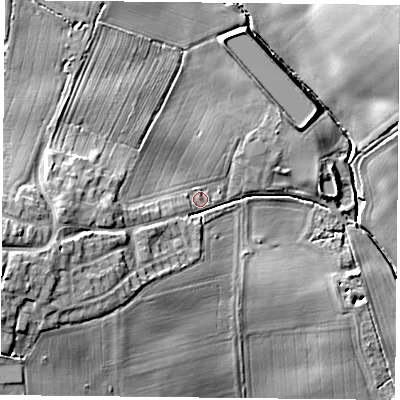 Shaded relief map of the ground around YO611NG, computed from Environment Agency LiDAR. The ground here sits at about 34 m above sea level and falls 16 m across the surrounding 800 m. Surface water reaching this point runs off ground lying to the west-south-west, 11.9 m higher.