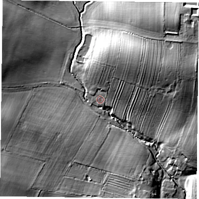 Shaded relief map of the ground around YO611NL, computed from Environment Agency LiDAR. The ground here sits at about 35 m above sea level and falls 22 m across the surrounding 800 m. Surface water reaching this point runs off ground lying to the north-north-east, 14.0 m higher.
