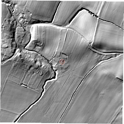 Shaded relief map of the ground around YO611NR, computed from Environment Agency LiDAR. The ground here sits at about 34 m above sea level and falls 28 m across the surrounding 800 m. Surface water reaching this point runs off ground lying to the north-east, 11.4 m higher.