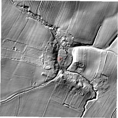 Shaded relief map of the ground around YO611NW, computed from Environment Agency LiDAR. The ground here sits at about 33 m above sea level and falls 20 m across the surrounding 800 m. Surface water reaching this point runs off ground lying to the west-south-west, 5.7 m higher.