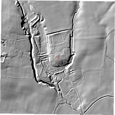 Shaded relief map of the ground around YO611NX, computed from Environment Agency LiDAR. The ground here sits at about 44 m above sea level and falls 16 m across the surrounding 800 m. Surface water reaching this point runs off ground lying to the east-north-east, 0.8 m higher.
