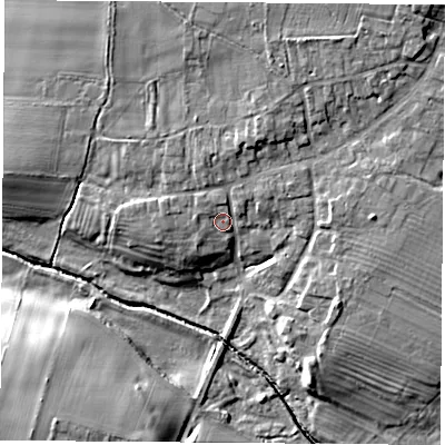 Shaded relief map of the ground around YO611RX, computed from Environment Agency LiDAR. The ground here sits at about 15 m above sea level and falls 15 m across the surrounding 800 m. Surface water reaching this point runs off ground lying to the north-north-west, 2.4 m higher.