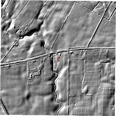 Shaded relief map of the ground around YO611TT, computed from Environment Agency LiDAR. The ground here sits at about 15 m above sea level and falls 6 m across the surrounding 800 m. Surface water reaching this point runs off ground lying to the north-east, 2.7 m higher.