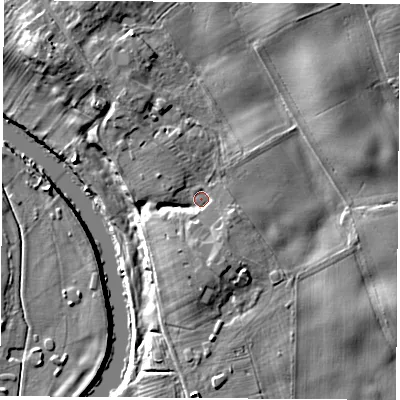 Shaded relief map of the ground around YO611UF, computed from Environment Agency LiDAR. The ground here sits at about 16 m above sea level and falls 13 m across the surrounding 800 m. Surface water reaching this point runs off ground lying to the north-east, 6.4 m higher.