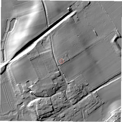Shaded relief map of the ground around YO612QB, computed from Environment Agency LiDAR. The ground here sits at about 27 m above sea level and falls 17 m across the surrounding 800 m. Surface water reaching this point runs off ground lying to the west-south-west, 1.2 m higher.