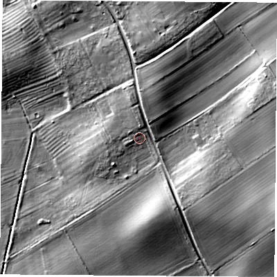 Shaded relief map of the ground around YO612QR, computed from Environment Agency LiDAR. The ground here sits at about 20 m above sea level and falls 14 m across the surrounding 800 m. Surface water reaching this point runs off ground lying to the north, 2.4 m higher.